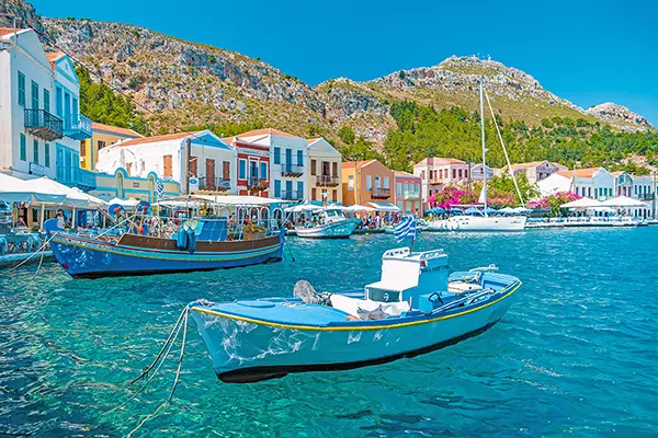 Colourful neoclassical harbour houses on Kastellorizo.