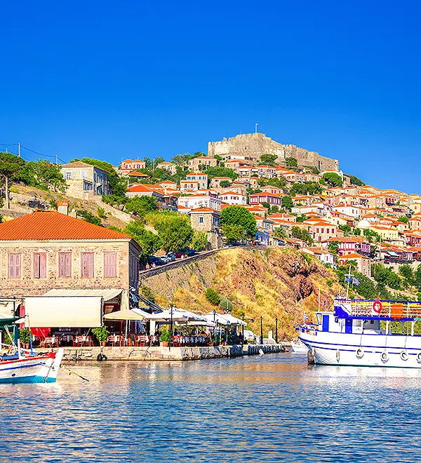 View of Molyvos on Lesvos with its traditional Aegean houses.
