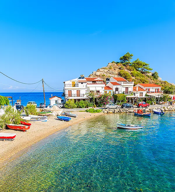Coastal view from Kokkari with the lush green hills and blue bays of Samos.
